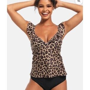 Beachsissi Ruffle‎ V Neck Tummy Control Tank Swimsuit Top Size Medium